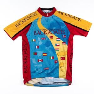 Voler Backroads Cycling Jersey USA Made Medium World Map Flags Bike Shirt
